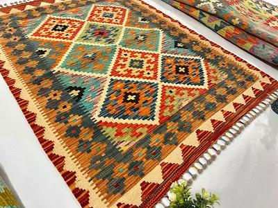 102 x 143 cm | new Handmade Beautiful Turkmen Kilim Orange Blue