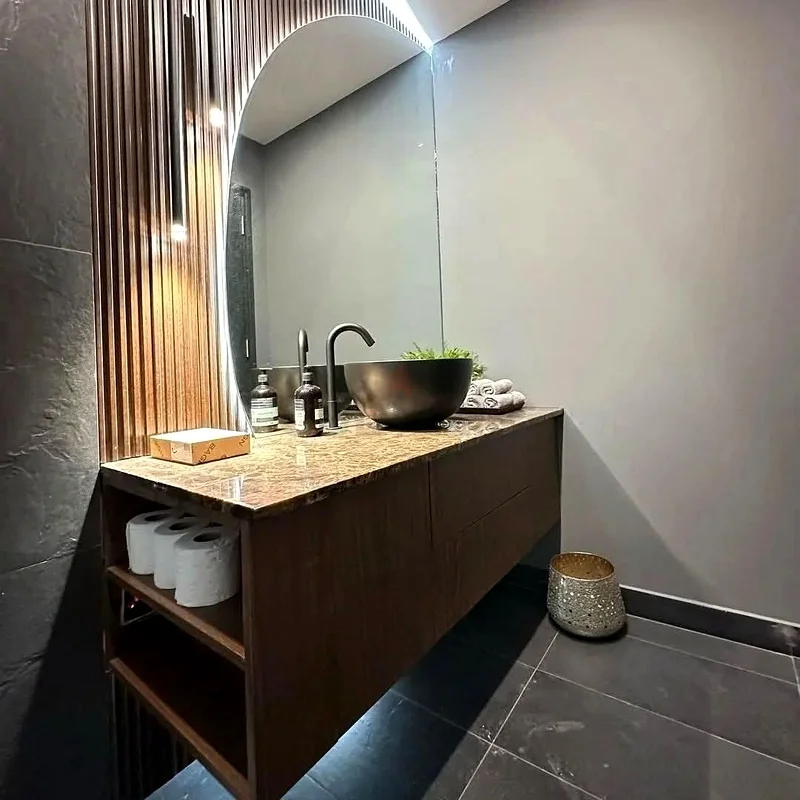 Powder Room  #bathroomremodel  #bathroomrenovation  #slattedwall63437680905731111