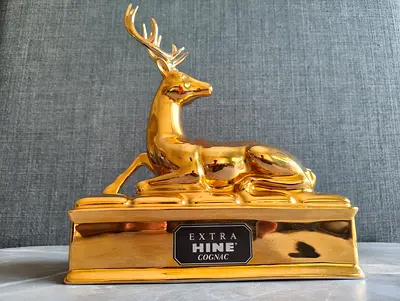 Extra Hine Cognac Bernardaud Limoges Gold Porcelain Stag Deer Decanter Full Size Empty Bottle