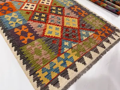101 x 148 cm | New Handmde Turkmen Kilim Beige Grey