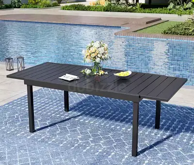 Black Rectangle Metal Patio Outdoor Dining Table with Extension