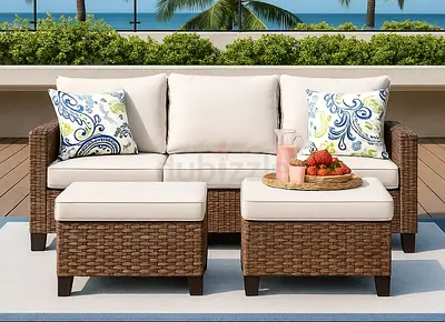 Brown Rattan Wicker 5 Seat 3-Piece Steel Patio Outdoor Sectional Set with Beige Cushions and 2 Ottom