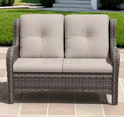 Brown Wicker Outdoor Patio Loveseat with Beige Cushions
