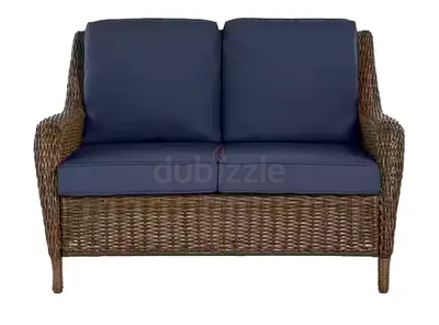 Cambridge Brown Wicker Outdoor Patio Loveseat with CushionGuard Midnight Navy Blue Cushions