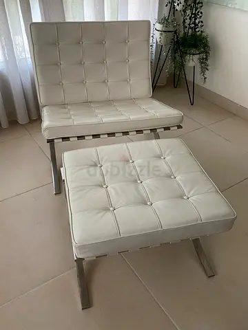 Mid Century Replica Leather Barcelona Chair and Ottomon Stool