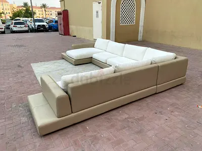 Natuzzi Italian Stylish U-Shaped Corner Sofa in Beige and White