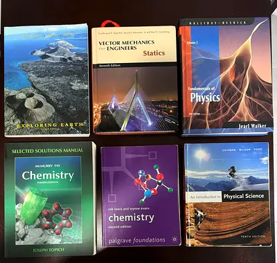 Science university books (chemistry, physics, statics, geoscience)