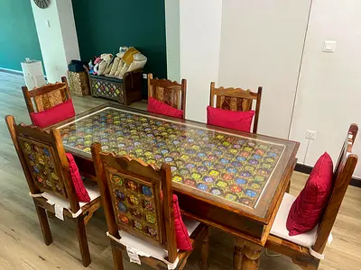 Exquisite Handcrafted Dining Set with Colorful Inlay Design from Marina Home