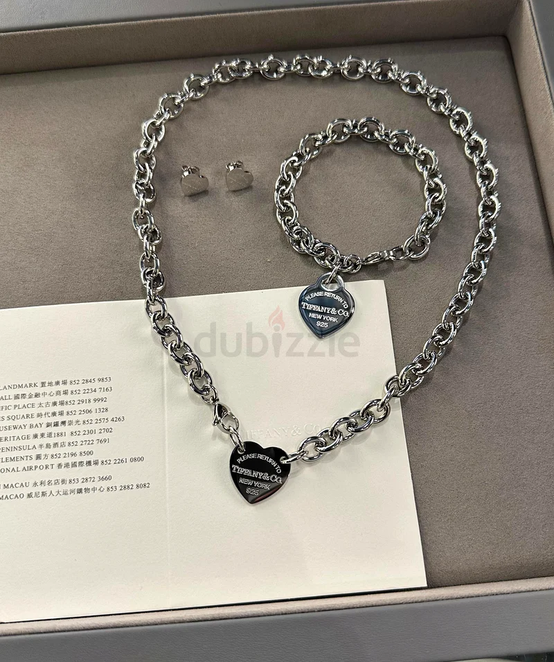 Tiffany Heart Charm Jewellery Set Necklace, Bracelet