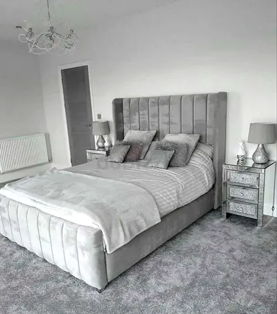 Elegant Grey Velvet Bed with Nightstands