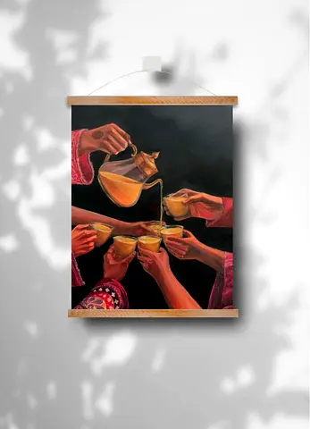 Framed Hand-painted Wall Art – Tea Gathering Scene (40x50 cm)
