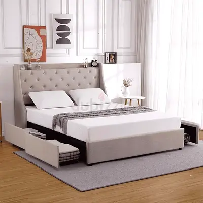 Beige Full Upholstered Platform Bed with Headboard