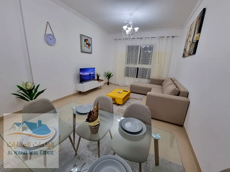 A fully furnished VIP one-bedroom apartment for monthly rent in Jasmine Towers - Al Jurf 2 ✨ 🔹 A spacious and elegantly designed apartment.63716039194883111