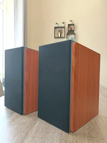 Bookshelf Speakers with wooden finish.