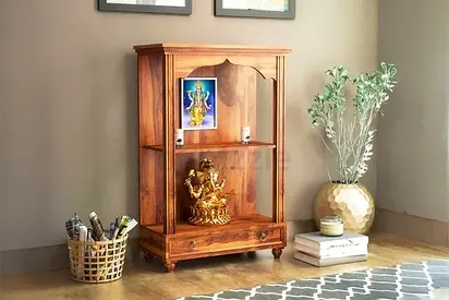 Compact Wooden Pooja Mandir  Temple with Drawer – Perfect for Home  Office