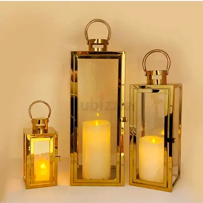 3-PC Set Jumbo Luxury Modern Indoor/Outdoor Hurricane Candle Lantern Set with Chrome Plated Structur