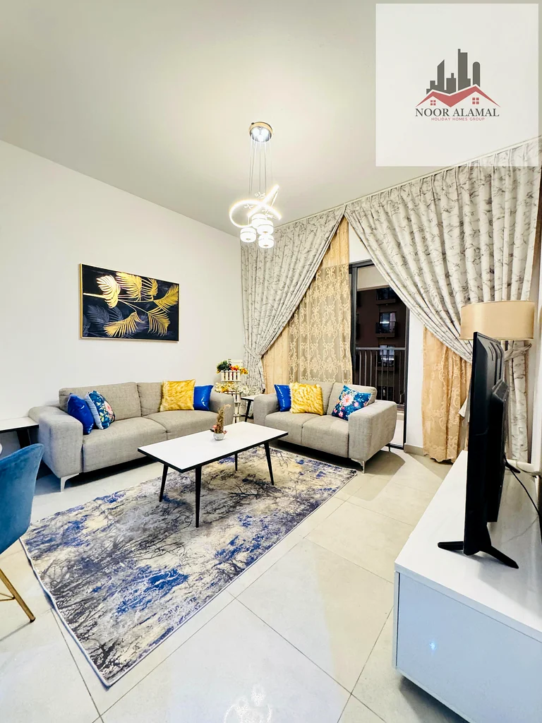 Sharjah, Al Mamzar, Maryam Island, one room and a hall, large area, second residence, hotel furniture, price 7000, including internet, parking, swimmi63488180505089111