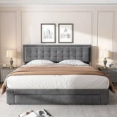Gray Upholstered Storage Bed Frame