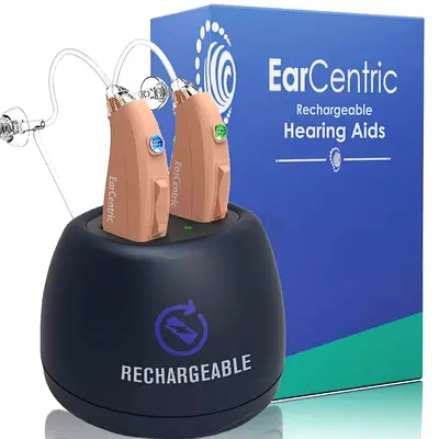 EarCentric EasyCharge Rechargeable Hearing Aids (Pair) for Seniors, Behind-The-Ear BTE Ear Aid PSAP