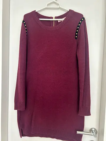 Stylish Maroon woollen Short Dress with Decorative Studs, size L