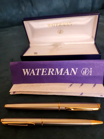 WATERMAN PARIS STAINLESS STEEL GOLD TRIM BALLPOINT PEN AND FOUNTAIN PEN SET