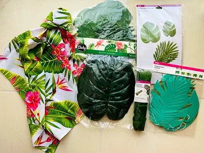 Tropical Table Cloth and Tropical Leaf Garland and Decorations