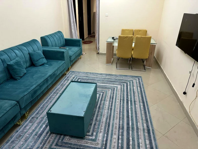 Available today, two rooms, a hall, two bathrooms, a balcony, a sea view, furnished with hotel furniture, Sharjah, Al Taawun, second inhabitant, new64050909944195111