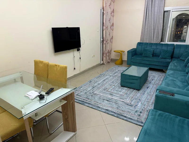 Available today, two rooms, a hall, two bathrooms, a balcony, a sea view, furnished with hotel furniture, Sharjah, Al Taawun, second inhabitant, new64050909944195112