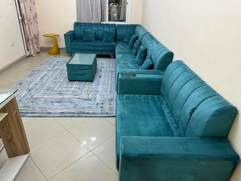 Available today, two rooms, a hall, two bathrooms, a balcony, a sea view, furnished with hotel furniture, Sharjah, Al Taawun, second inhabitant, new64050909944195110