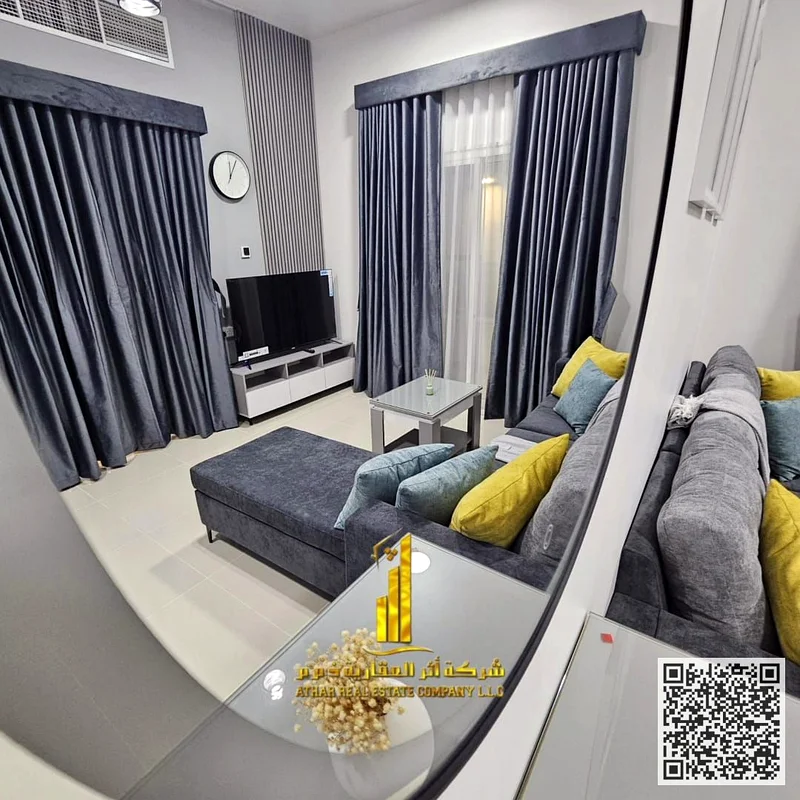First resident, the most luxurious and beautiful furnished one-bedroom apartment for monthly rent in Ajman, spacious area, VIP furniture, super deluxe63837067348739110