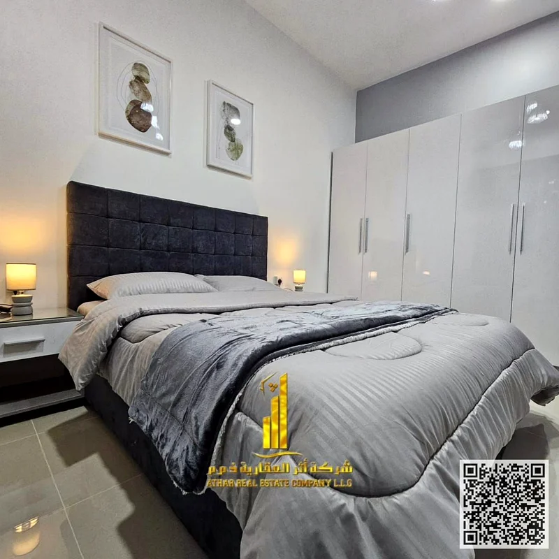 First resident, the most luxurious and beautiful furnished one-bedroom apartment for monthly rent in Ajman, spacious area, VIP furniture, super deluxe63837067348739111