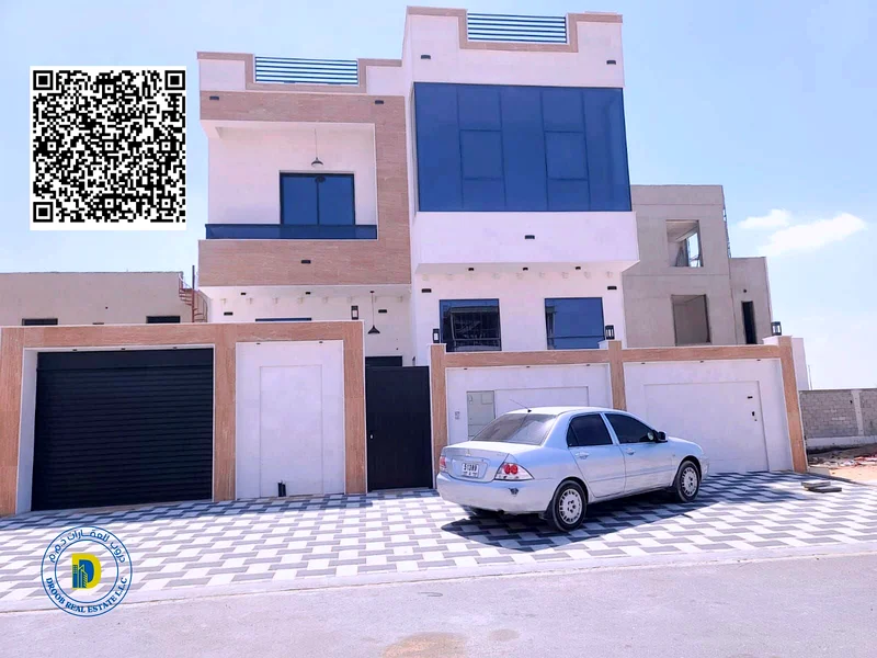 For sale, a modern villa with 5 rooms, including registration fees, Al Helio 2 area, Ajman, super deluxe finishing, freehold, bank financing63907700861314110