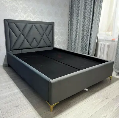 Stylish Grey Upholstered Bed with Modern Design