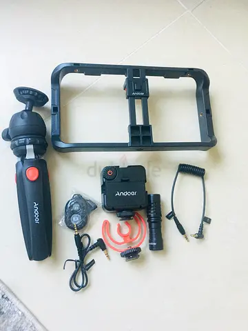 Andoer phone Video Rig Kit Selfie Ring Light Microphone Film Making Stabilizer Red