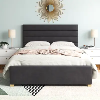 Stylish Gray Upholstered Bed with Modern Design