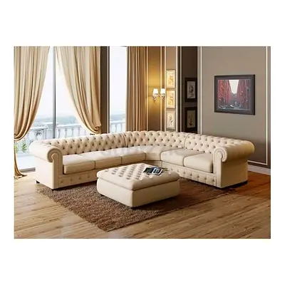 Elegant Cream Leather Chesterfield Sofa Set