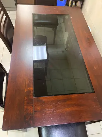 Elegant Wooden Dining Table with Half Glass Top and 4 chairs