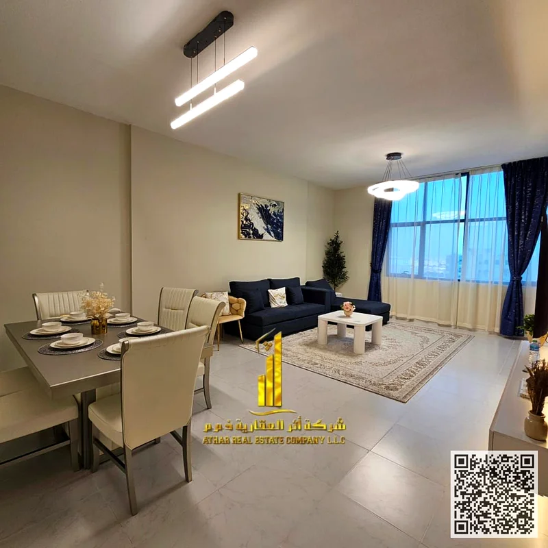 شقة فاخرة، غرفتا نوم وصالة، بلكونة بإطلالة على البحر، مفروشة بالكامل جديدة، تشمل جميع الفواتير، موقف سيارات، صالة رياضية، مسبح63838718033793114