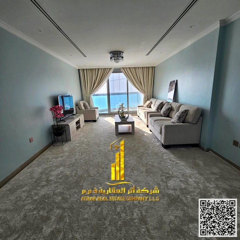 With a direct sea view, a Two-bedroom apartment for monthly rent 🏡 in Ajman, Corniche Tower ✅ All bills included , with a gym, pool, and parking63853241268865110