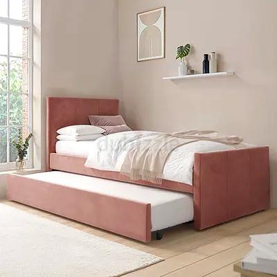 Stylish Pink Upholstered Bed with Trundle - Perfect for Space-Saving!