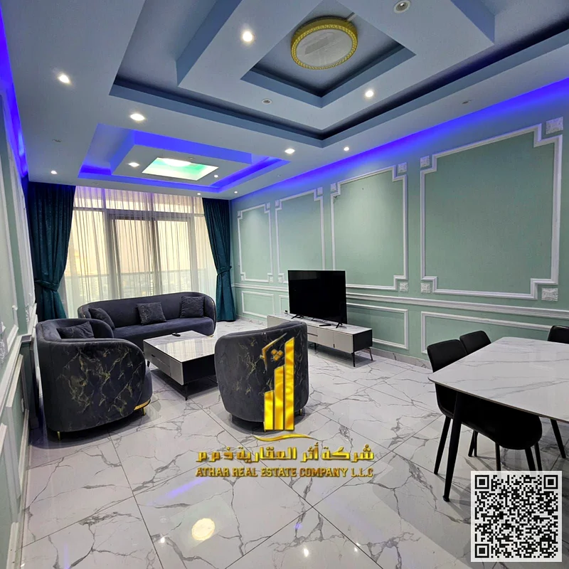 شقة بمنظر على البحر، مكونة من غرفتين نوم مع صالة، مؤثثة للإيجار الشهري في عجمان - أبراج الواحة الرشيديّة ✔️ تشمل الفواتير مع صالة رياضية وبركة سباحة ومواقف سيارات63852804514051110