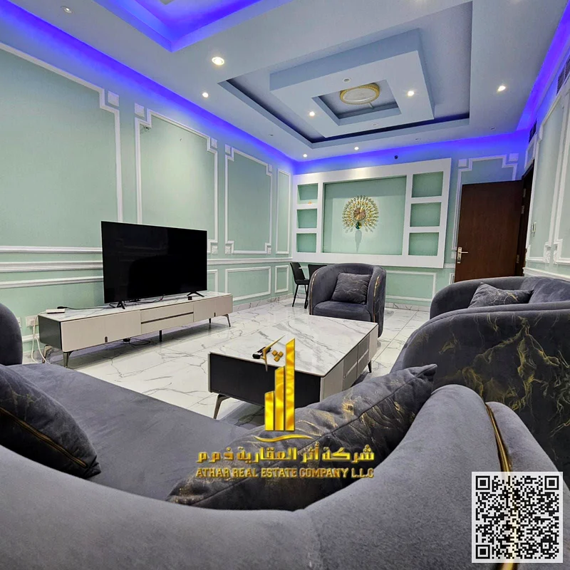 شقة بمنظر على البحر، مكونة من غرفتين نوم مع صالة، مؤثثة للإيجار الشهري في عجمان - أبراج الواحة الرشيديّة ✔️ تشمل الفواتير مع صالة رياضية وبركة سباحة ومواقف سيارات63852804514051114