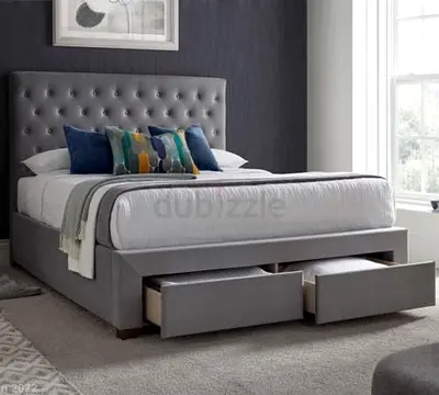 Stylish Grey Upholstered Bed with Storage Drawers