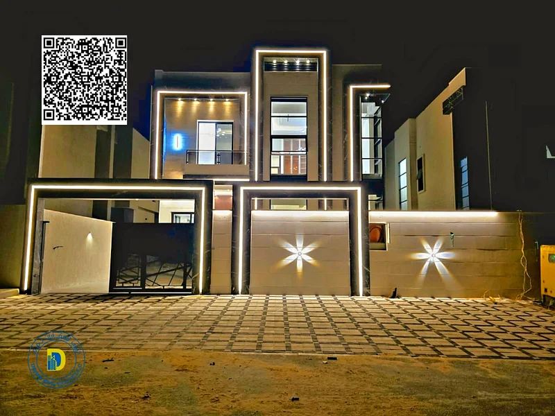 For sale, a modern villa with 5 rooms, including registration fees, in the Al Helio area, Ajman, super deluxe finishing, freehold , bank financing63892581442946110