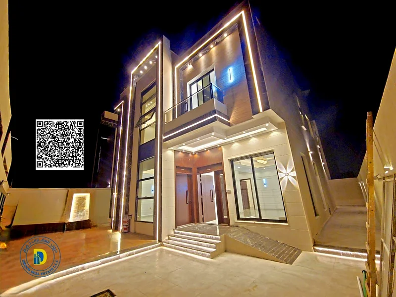 For sale, a modern villa with 5 rooms, including registration fees, in the Al Helio area, Ajman, super deluxe finishing, freehold , bank financing63892581442946111