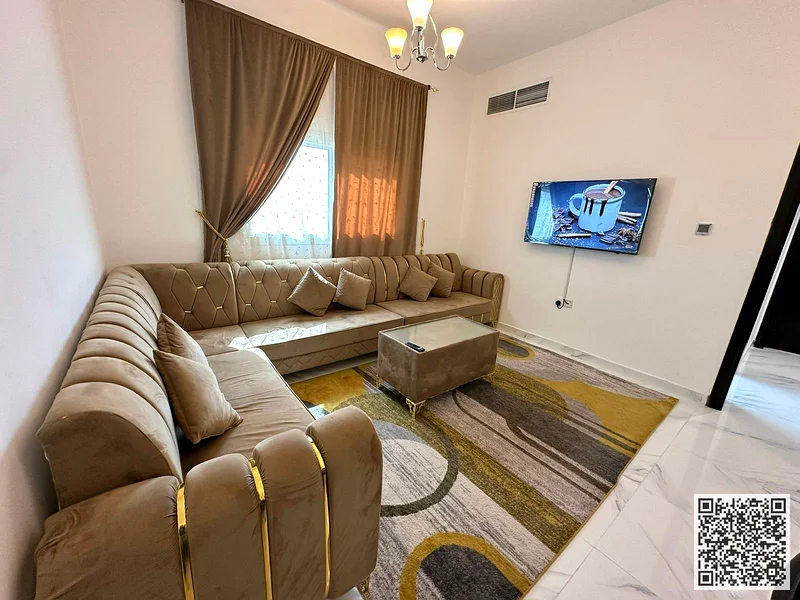 The most luxurious and beautiful furnished one-bedroom apartment for monthly rent in Ajman, spacious area, VIP furniture, super deluxe finishes63838223014531113