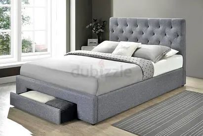 Stylish Grey Upholstered Bed with Storage Drawers