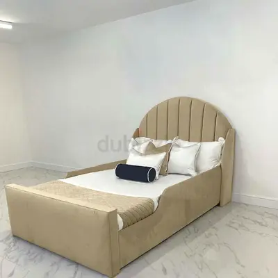 Stylish Beige Bed Frame with Cushioned Headboard