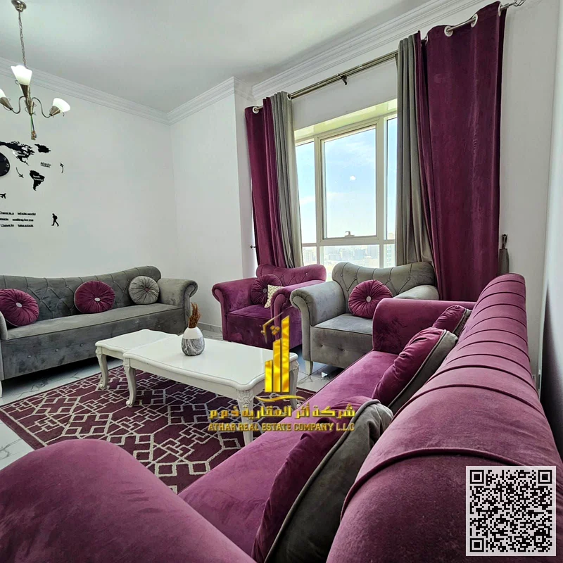 With an open view, a furnished One-bedroom apartment for monthly rent in Ajman, Rashidiya, Oasis Towers ✔️All Bills included ⚡📶 Gym, pool , parking63852914625281112
