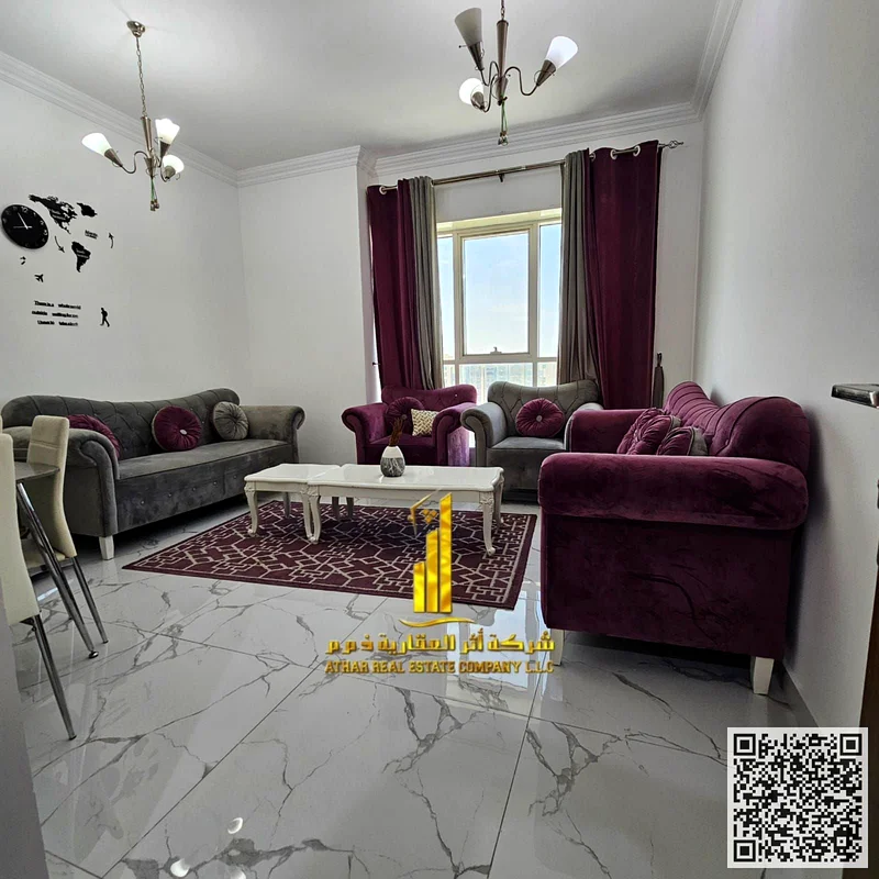 With an open view, a furnished One-bedroom apartment for monthly rent in Ajman, Rashidiya, Oasis Towers ✔️All Bills included ⚡📶 Gym, pool , parking63852914625281110